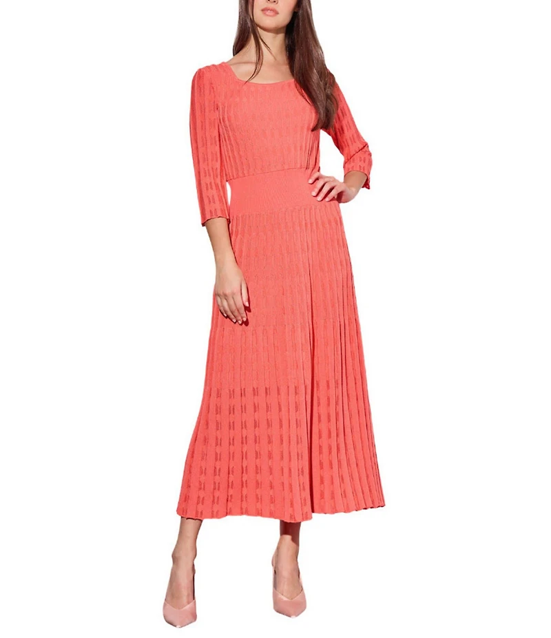 Ming Wang Pointelle Tonal Knit Square Neck 3/4 Sleeve Midi Dress