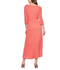 Ming Wang Pointelle Tonal Knit Square Neck 3/4 Sleeve Midi Dress
