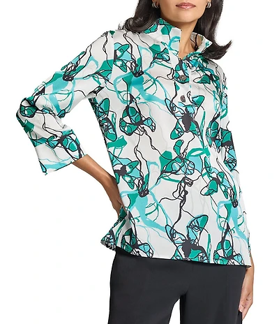Ming Wang Printed Charmeuse Stand Collar Bracelet Sleeve Tunic