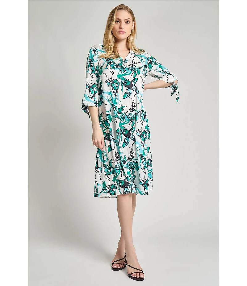 Ming Wang Printed Charmeuse V-Neck Elbow Sleeve Tie Waist Midi Dress