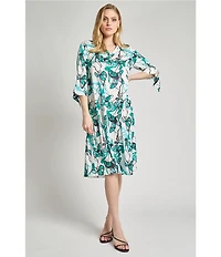 Ming Wang Printed Charmeuse V-Neck Elbow Sleeve Tie Waist Midi Dress