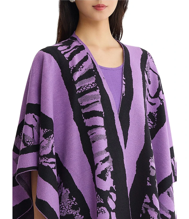 Ming Wang Printed Cozy Knit Open-Front Poncho Wrap