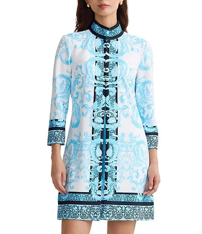 Ming Wang Printed Stretch Deco Crepe Stand Collar Bracelet Sleeve Jacket