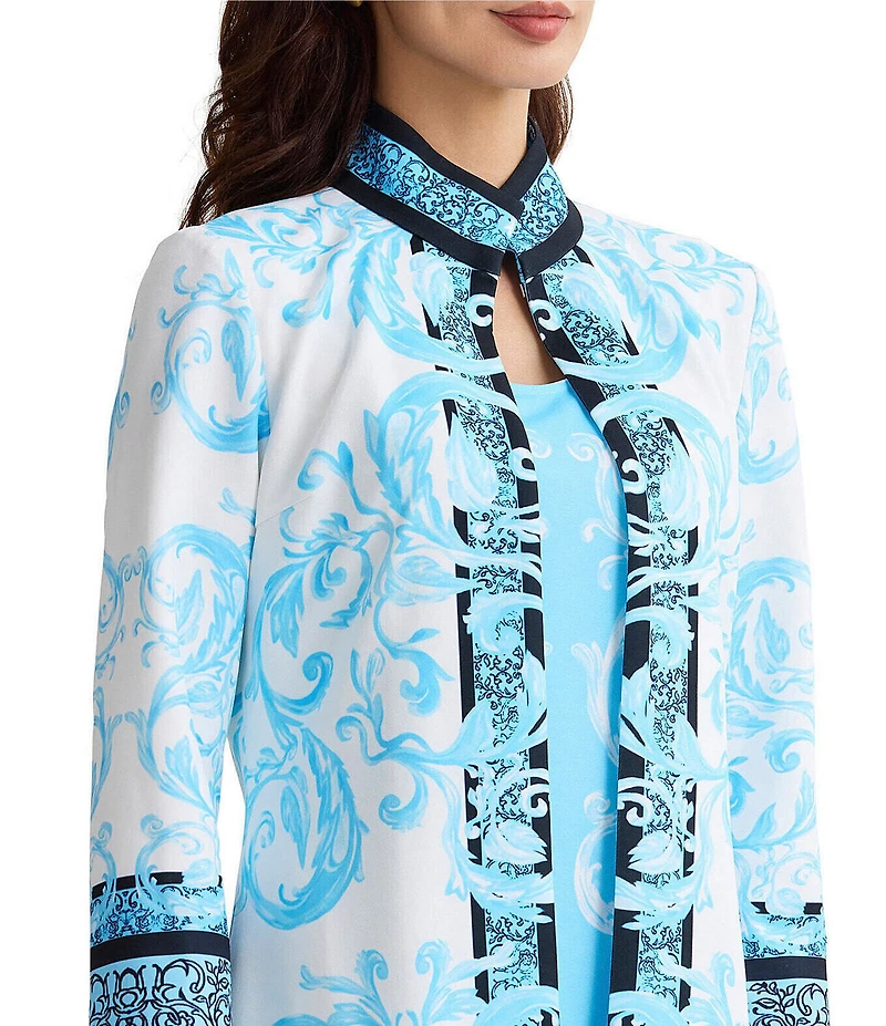 Ming Wang Printed Stretch Deco Crepe Stand Collar Bracelet Sleeve Jacket