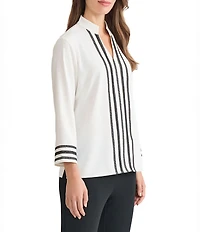 Ming Wang Ribbon Trim Crepe De Chine Mandarin V-Neck Bracelet Sleeve Blouse