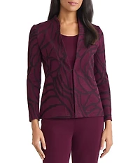 Ming Wang Rosette Jacquard Knit Mandarin Collar V-Neck Long Sleeve Jacket