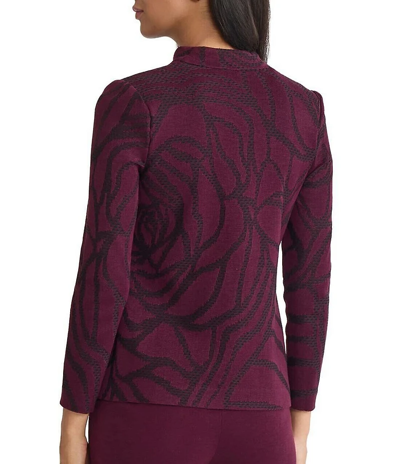 Ming Wang Rosette Jacquard Knit Mandarin Collar V-Neck Long Sleeve Jacket