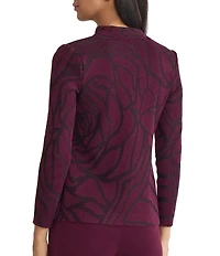 Ming Wang Rosette Jacquard Knit Mandarin Collar V-Neck Long Sleeve Jacket