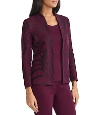 Ming Wang Rosette Jacquard Knit Mandarin Collar V-Neck Long Sleeve Jacket