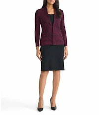 Ming Wang Rosette Jacquard Knit Mandarin Collar V-Neck Long Sleeve Jacket