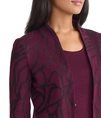 Ming Wang Rosette Jacquard Knit Mandarin Collar V-Neck Long Sleeve Jacket