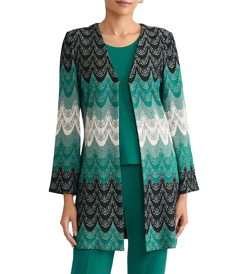 Ming Wang Scalloped Jacquard Knit V-Neck Bracelet Sleeve Jacket