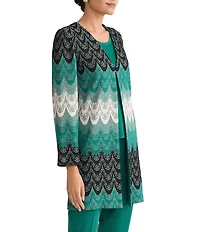 Ming Wang Scalloped Jacquard Knit V-Neck Bracelet Sleeve Jacket