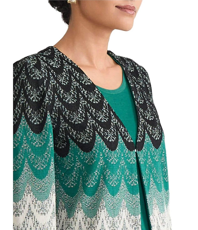 Ming Wang Scalloped Jacquard Knit V-Neck Bracelet Sleeve Jacket