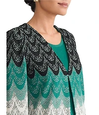 Ming Wang Scalloped Jacquard Knit V-Neck Bracelet Sleeve Jacket