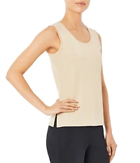 Ming Wang Scoop Neck Sleeveless Side Slit Metallic Shimmer Knit Tank