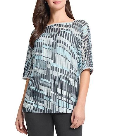 Ming Wang Sheer Burnout Jacquard Knit Square Boat Neck Elbow Sleeve Tunic