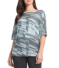 Ming Wang Sheer Burnout Jacquard Knit Square Boat Neck Elbow Sleeve Tunic