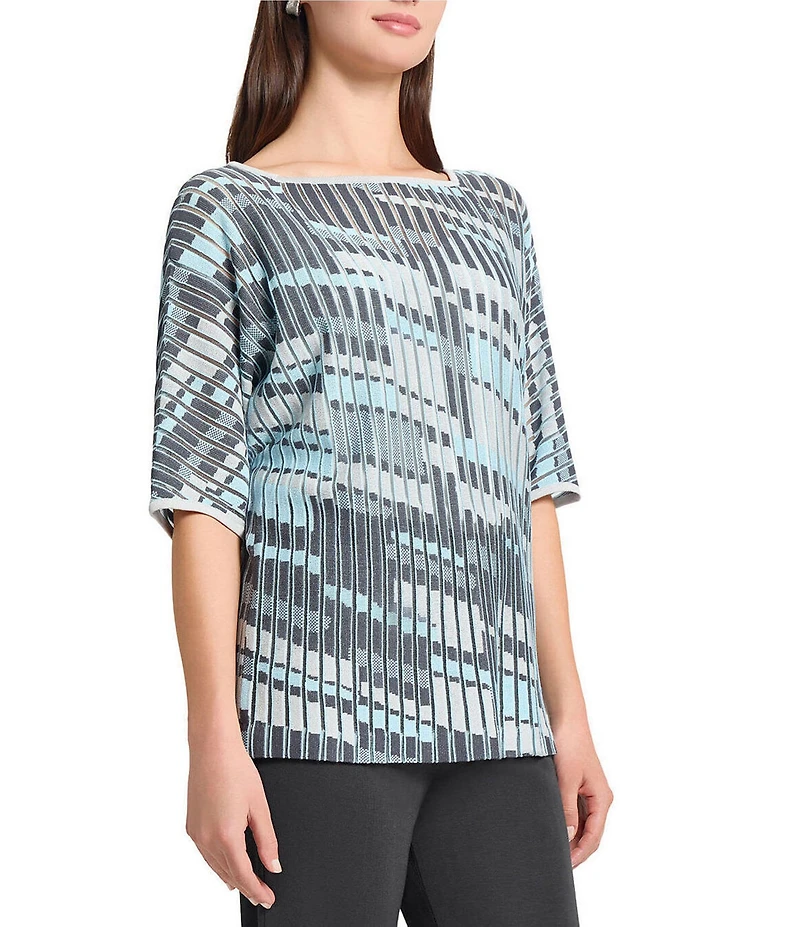 Ming Wang Sheer Burnout Jacquard Knit Square Boat Neck Elbow Sleeve Tunic