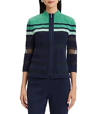 Ming Wang Sheer Mesh Knit Mock Neck 3/4 Sleeve Zip-Front Jacket