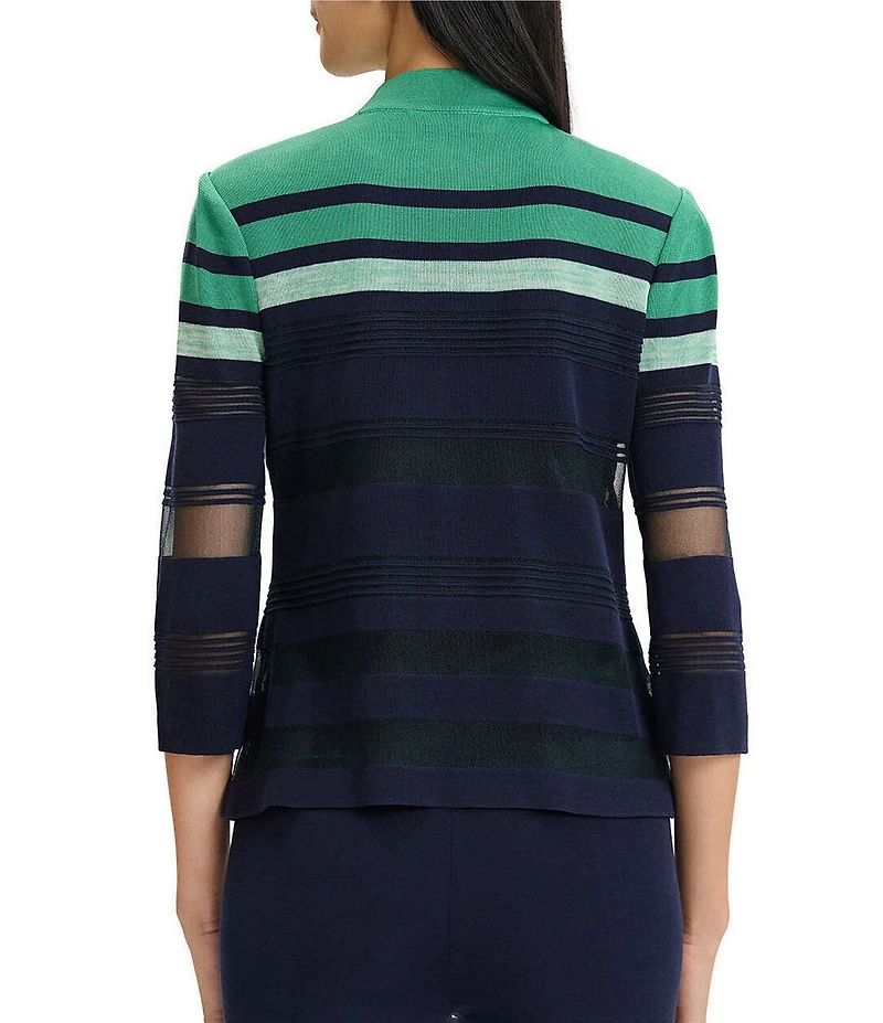 Ming Wang Sheer Mesh Knit Mock Neck 3/4 Sleeve Zip-Front Jacket