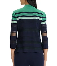 Ming Wang Sheer Mesh Knit Mock Neck 3/4 Sleeve Zip-Front Jacket