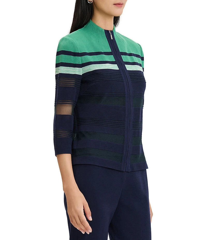 Ming Wang Sheer Mesh Knit Mock Neck 3/4 Sleeve Zip-Front Jacket