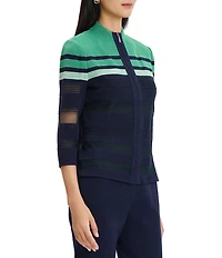 Ming Wang Sheer Mesh Knit Mock Neck 3/4 Sleeve Zip-Front Jacket