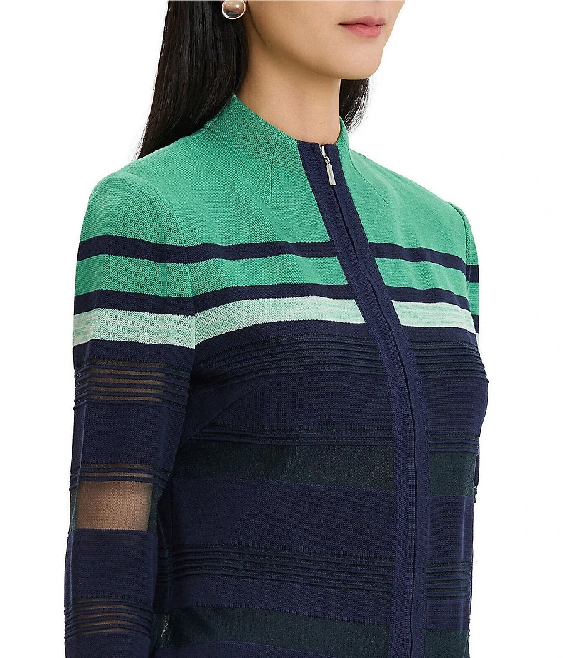 Ming Wang Sheer Mesh Knit Mock Neck 3/4 Sleeve Zip-Front Jacket