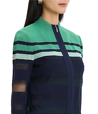 Ming Wang Sheer Mesh Knit Mock Neck 3/4 Sleeve Zip-Front Jacket