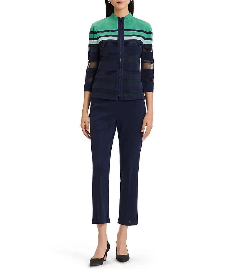 Ming Wang Sheer Mesh Knit Mock Neck 3/4 Sleeve Zip-Front Jacket