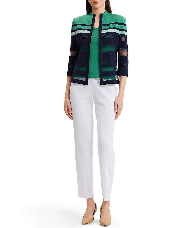 Ming Wang Sheer Mesh Knit Mock Neck 3/4 Sleeve Zip-Front Jacket