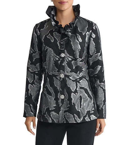 Ming Wang Shimmer Jacquard Ruffle Stand Collar Long Sleeve Jacket