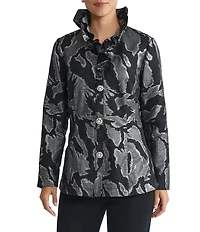 Ming Wang Shimmer Jacquard Ruffle Stand Collar Long Sleeve Jacket