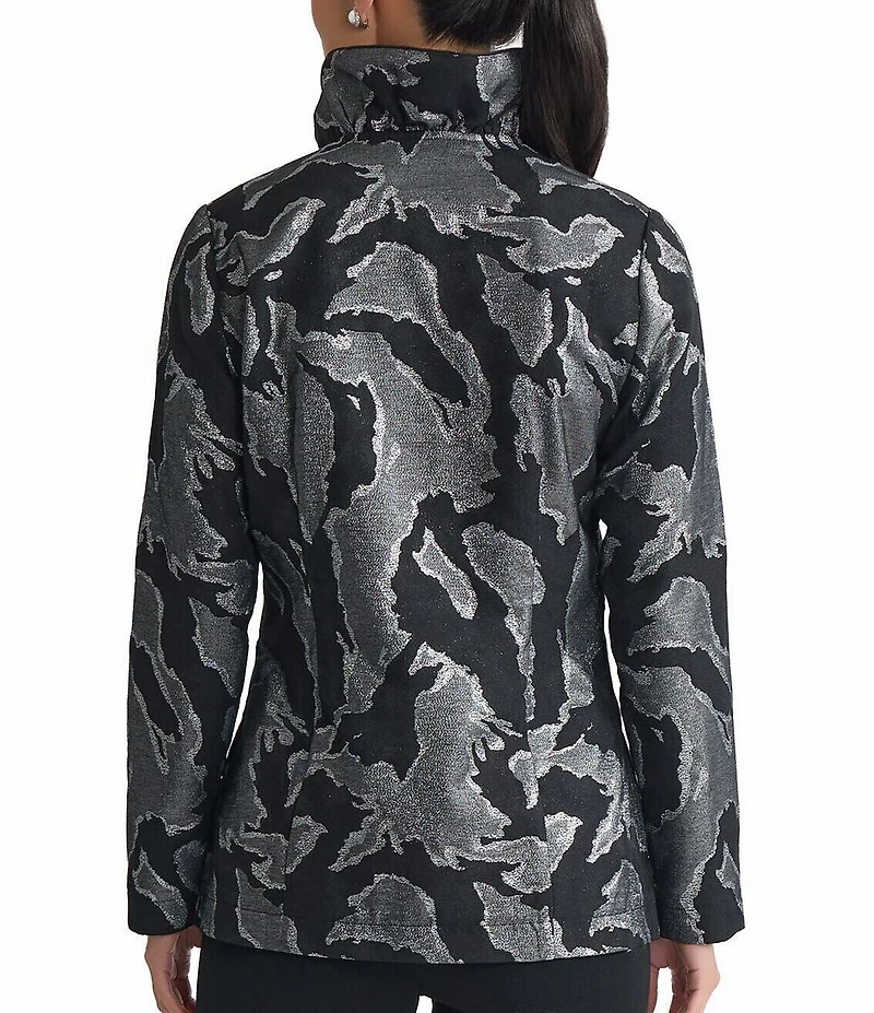 Ming Wang Shimmer Jacquard Ruffle Stand Collar Long Sleeve Jacket