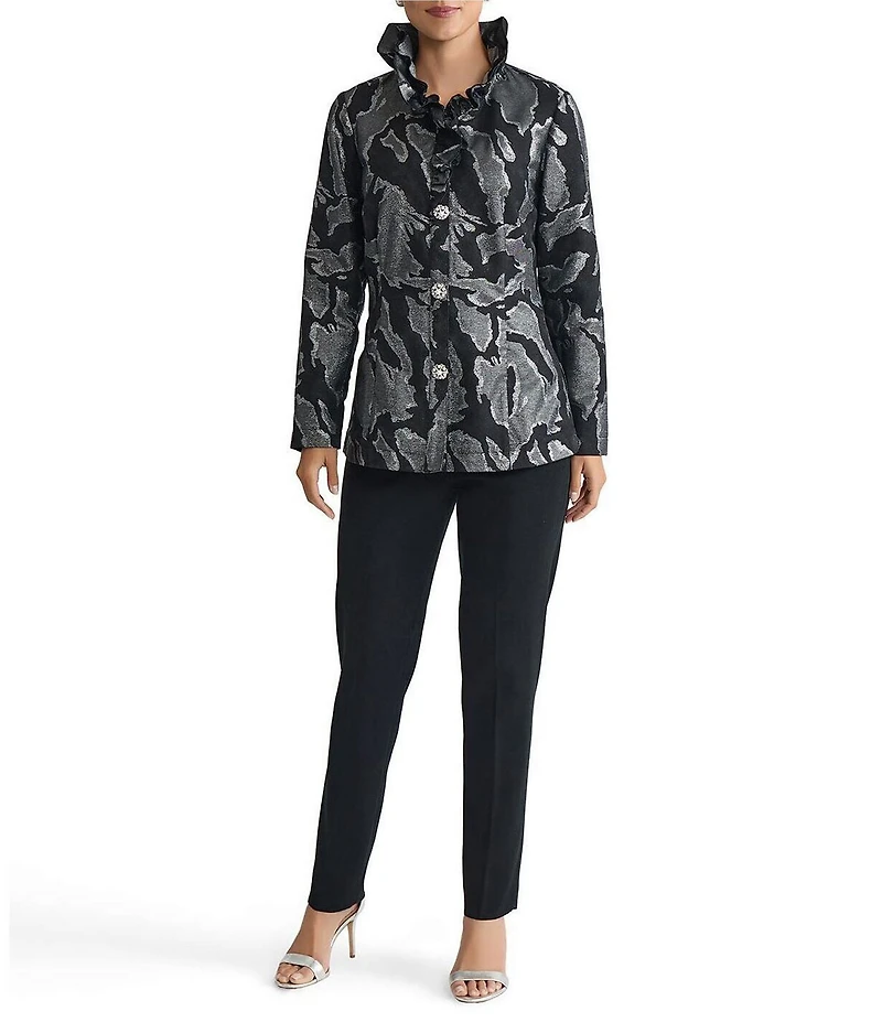 Ming Wang Shimmer Jacquard Ruffle Stand Collar Long Sleeve Jacket