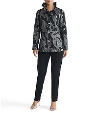 Ming Wang Shimmer Jacquard Ruffle Stand Collar Long Sleeve Jacket