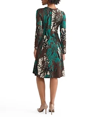 Ming Wang Soft Floral Jacquard Crew Neck Long Sleeve A-Line Midi Dress