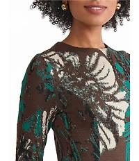 Ming Wang Soft Floral Jacquard Crew Neck Long Sleeve A-Line Midi Dress