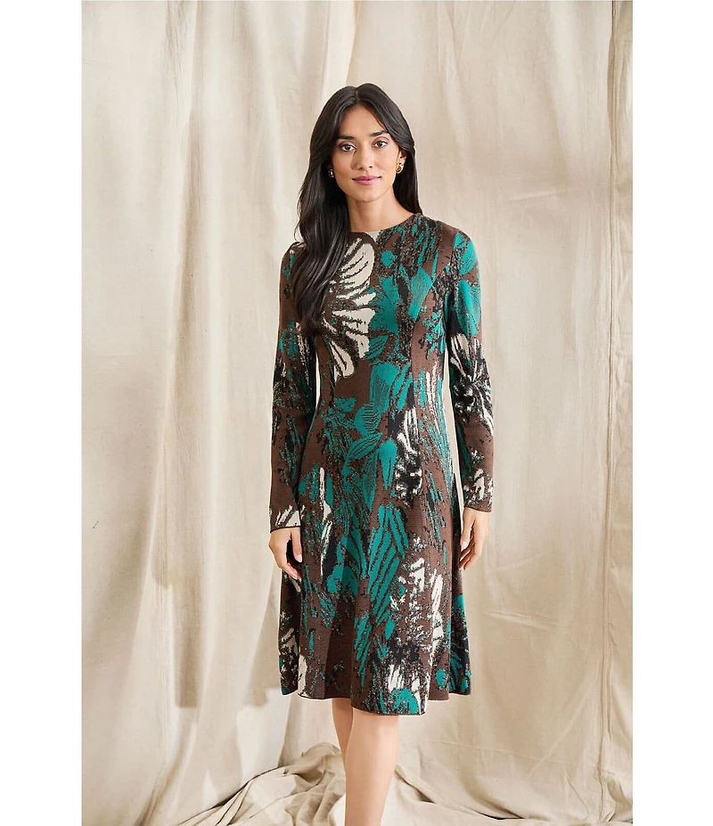 Ming Wang Soft Floral Jacquard Crew Neck Long Sleeve A-Line Midi Dress