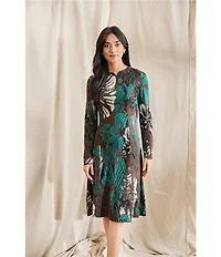Ming Wang Soft Floral Jacquard Crew Neck Long Sleeve A-Line Midi Dress