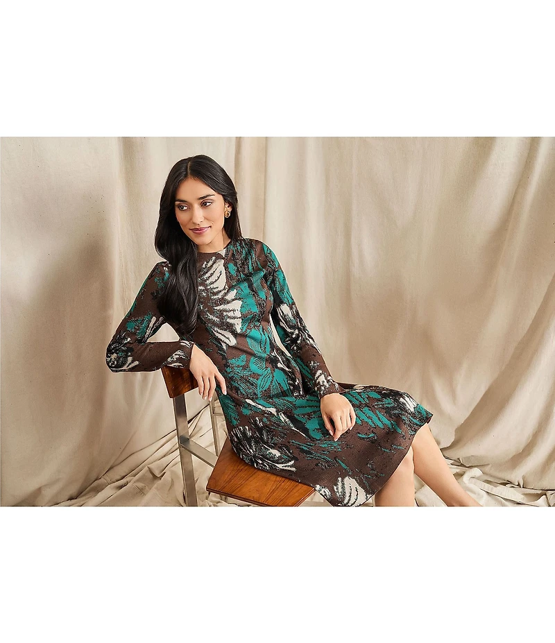 Ming Wang Soft Floral Jacquard Crew Neck Long Sleeve A-Line Midi Dress