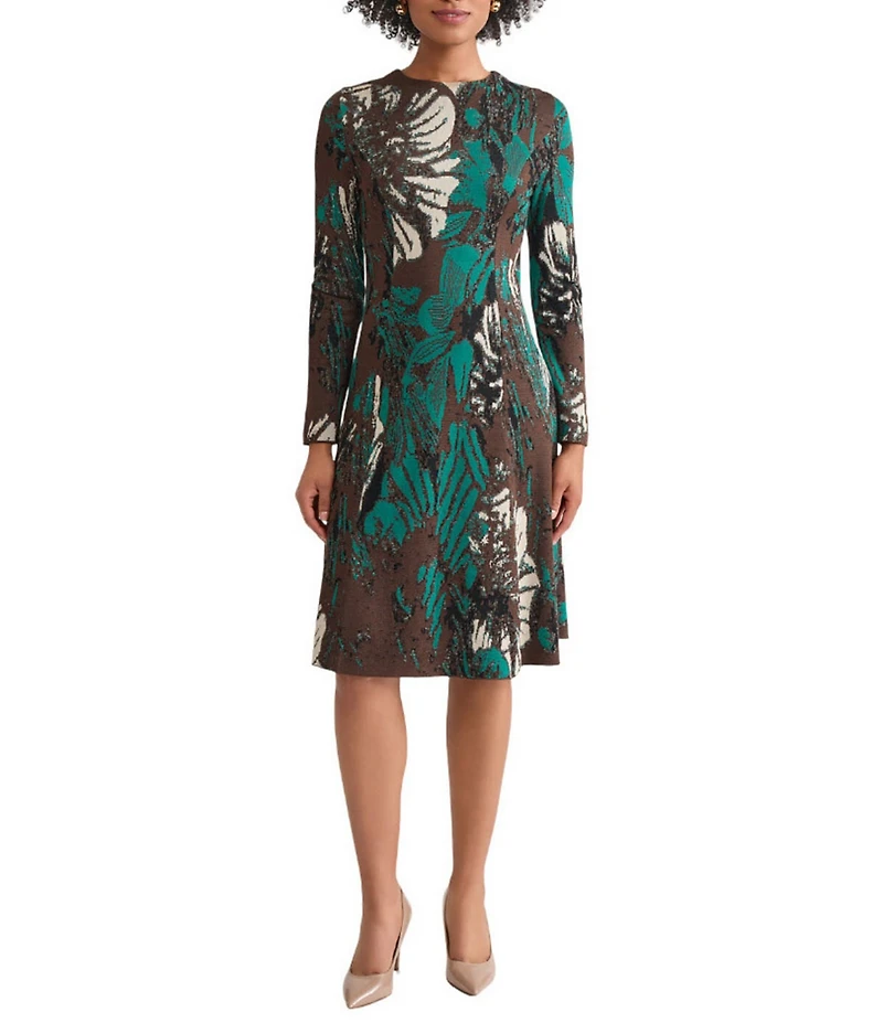 Ming Wang Soft Floral Jacquard Crew Neck Long Sleeve A-Line Midi Dress