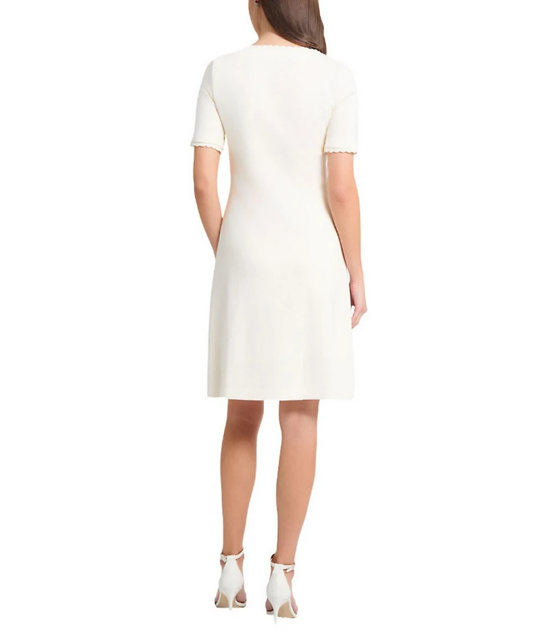 Ming Wang Soft Knit Floral Pattern Square Neck Short Sleeve Scallop Trim Dress