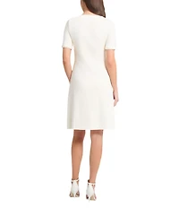 Ming Wang Soft Knit Floral Pattern Square Neck Short Sleeve Scallop Trim Dress