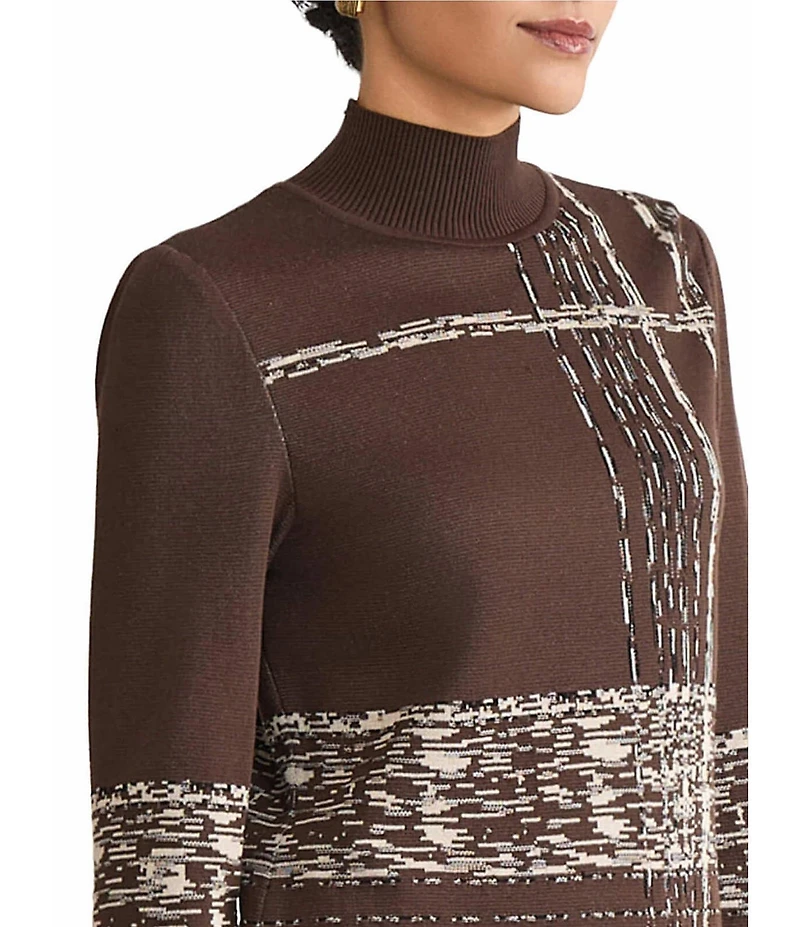 Ming Wang Soft Knit Jacquard Mock Neck Bracelet Sleeve Tunic
