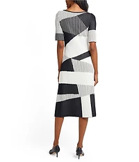 Ming Wang Soft Knit Jacquard Pattern Scoop Neck Short Sleeve Midi Dress