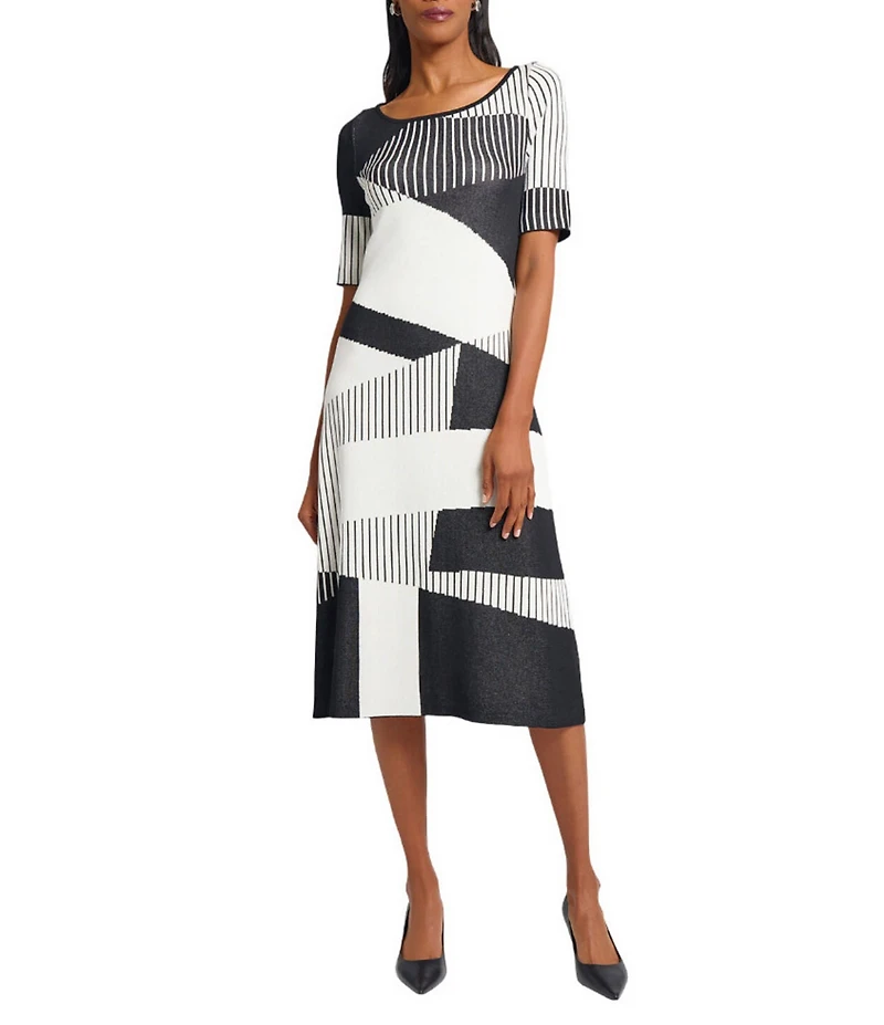 Ming Wang Soft Knit Jacquard Pattern Scoop Neck Short Sleeve Midi Dress