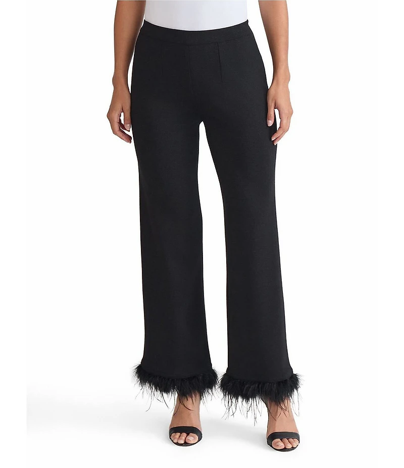Ming Wang Soft Knit Mid-Rise Wide Leg Feather Trim Pants