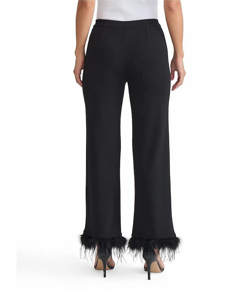 Ming Wang Soft Knit Mid-Rise Wide Leg Feather Trim Pants